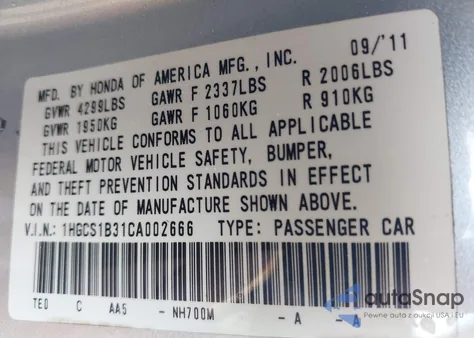 2012 Honda Accord 2.4 Lx-S from USA, damaged, VIN 1HGCS1B31CA002666